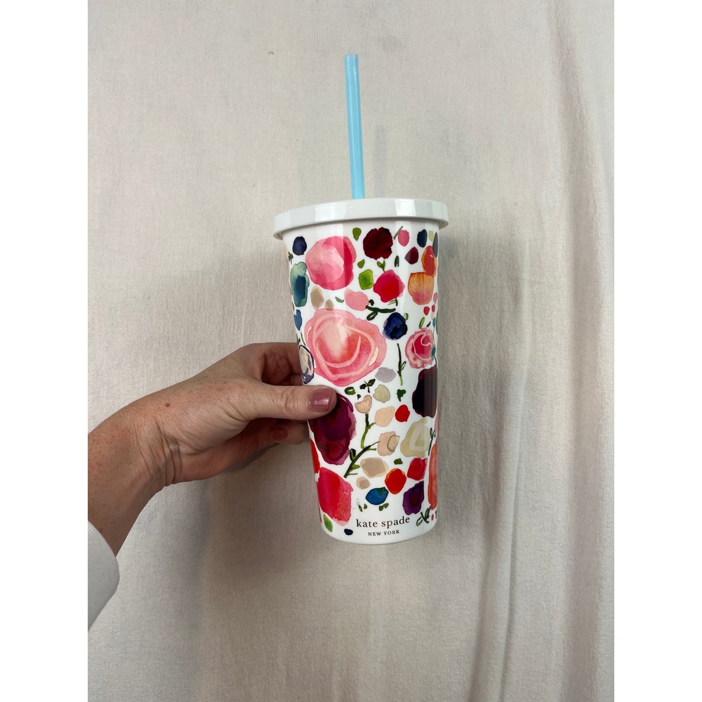 Kate Spade New York Floral Watercolor Insulated Tumbler with Straw White 20oz